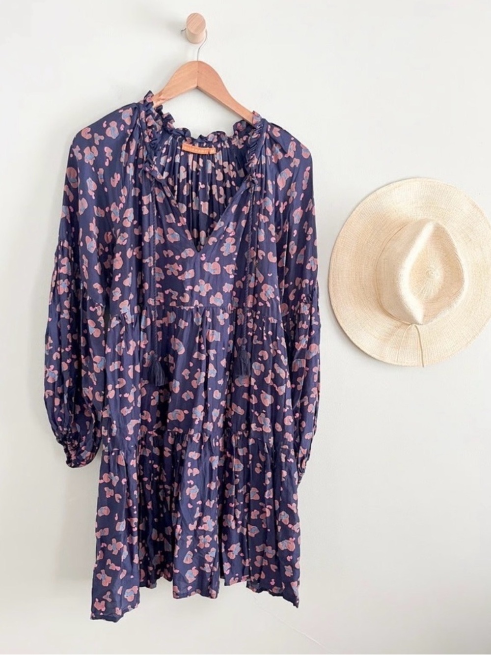 Oliphant Navy Blue Long Sleeve Mini Dress with Pink Floral Print